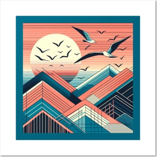 Geometric sunset landscape, square framed Posters and Art